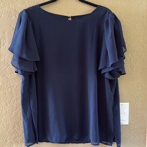 Vince Camuto Women’s Navy Color Puffed Tulip Sleeves Crew Neck Blouse XL